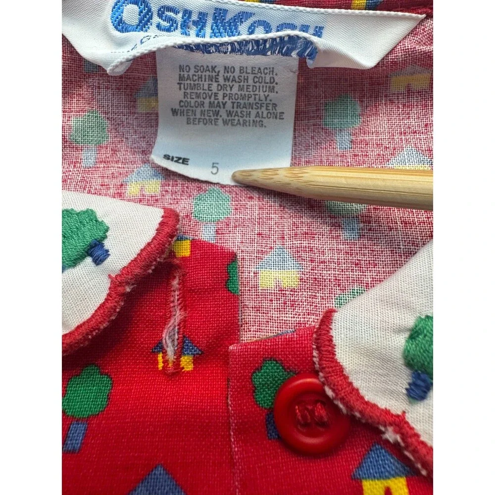 Vintage 80s OshKosh B’Gosh Girls Size 5 Red House Tree Print Blouse USA